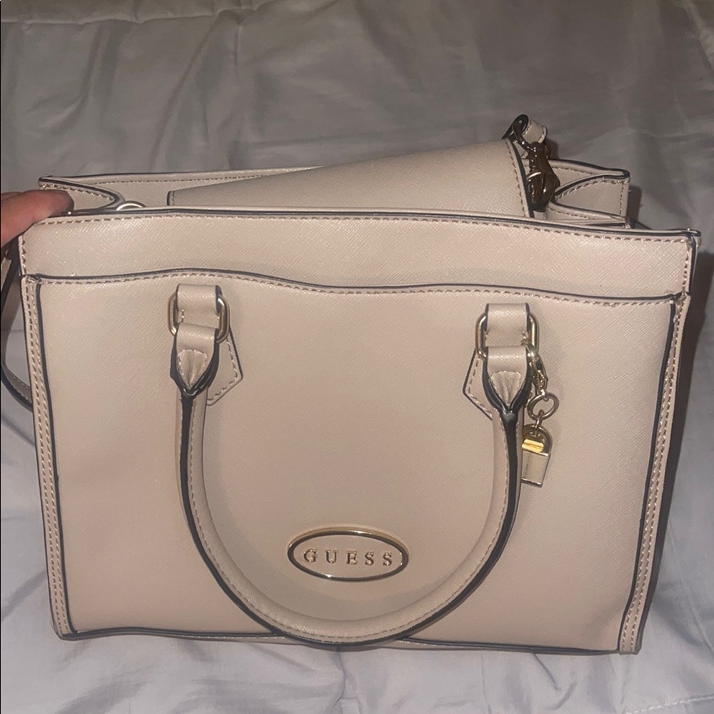 GUESS Beige Satchel with Gold Accents